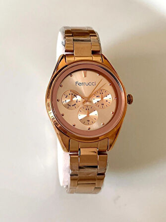  Ferrucci Rosegold Renk Spor Kasa Çelik Kadın Kol Saati+Bileklik Hediyeli