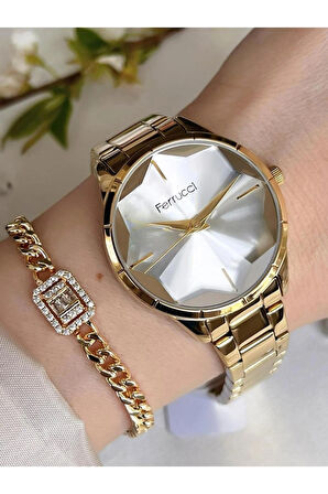 Ferrucci Kesme Camlı Gold Sade Şık Çelik Kadın Kol Saat+Bileklik