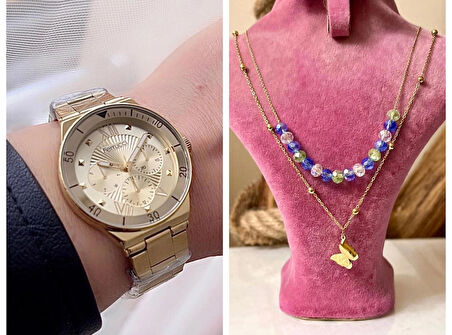 Ferrucci Gold Renk Spor Kasa Çelik Kadın Kol Saati+%100 Çelik Kolye Hediye