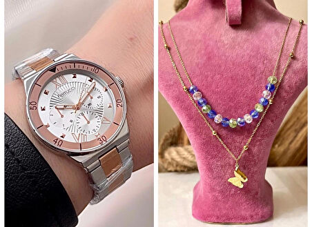 Ferrucci Gümüş&Rose Spor Kasa Çelik Kadın Kol Saati+%100 Çelik Kolye Hediye