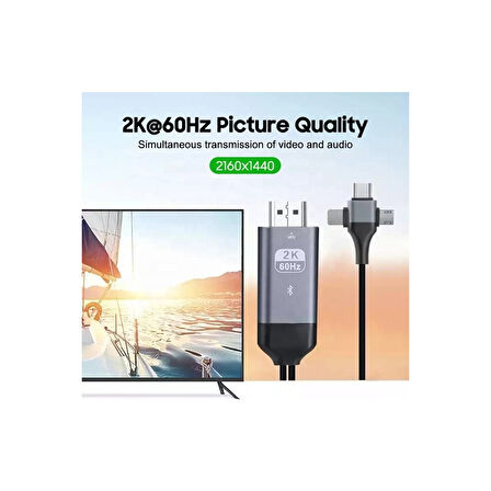 PMR 3 in 1 Phone to HDMI Kablo – 2K 60Hz, 200CM, Type-C, Lightning, Micro USB