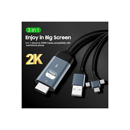 PMR 3 in 1 Phone to HDMI Kablo – 2K 60Hz, 200CM, Type-C, Lightning, Micro USB