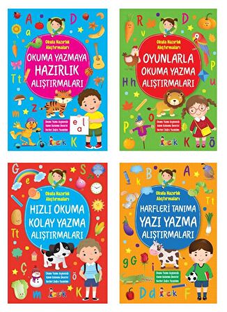 Okula Hazırlık Alıştırmaları 4 Kitap (Hızlı Okuma + Harfleri Tanıma + Oyunlarla Okuma Yazma + Okuma Yazmaya Hazırlık)