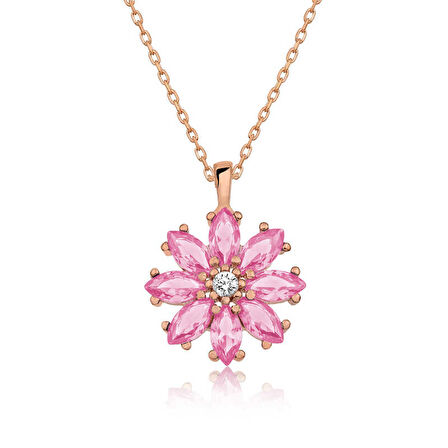 925 Ayar Gümüş Rose Pembe Çiçek Kadın Gümüş Kolye