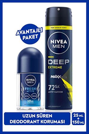 MEN Erkek SpreyDeodorant Deep Extreme 150ml ve Mini Roll-on Fresh Active 25ml,Anti-perspirant Koruma