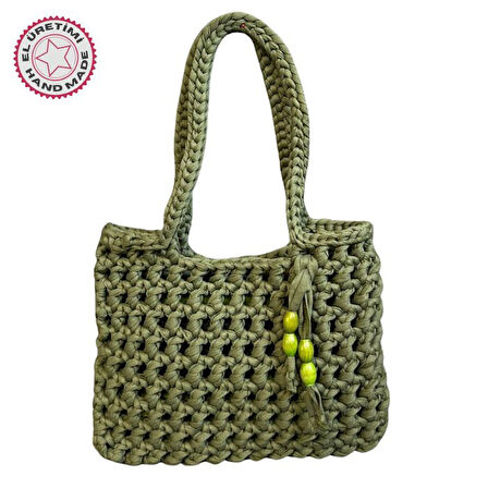 Uretti - Emine 9106 El Örgüsü Ahşap Boncuk Detaylı Penye Kumaş Omuz Çantası