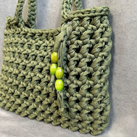 Uretti - Emine 9106 El Örgüsü Ahşap Boncuk Detaylı Penye Kumaş Omuz Çantası