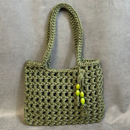 Uretti - Emine 9106 El Örgüsü Ahşap Boncuk Detaylı Penye Kumaş Omuz Çantası