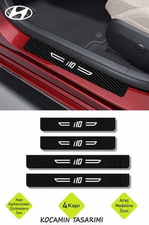 Hyundai i10 Kapı Koruyucu Karbon Kapı Eşiği Siyah Üzeri Beyaz Yazılı Dekoratif Set Hyundai i10