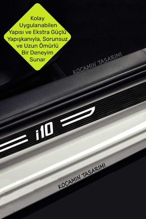 Hyundai i10 Kapı Koruyucu Karbon Kapı Eşiği Siyah Üzeri Beyaz Yazılı Dekoratif Set Hyundai i10
