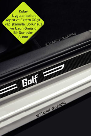 Golf Yazılı Volkswagen Golf Kapı Eşiği Koruyucu Siyah Karbon Üzeri Beyaz Yazı Dekoratif 4 Parça Volkswagen Golf