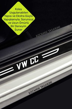 Volkswagen VW CC Yazılı Kapı Koruma Eşiği Siyah Karbon Üzeri Beyaz VW CC Dekoratif Yazı 4 Parça Volkswagen VW CC Uyumlu