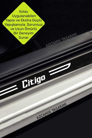 Skoda Citigo Siyah Karbon Kapı Koruyucu Beyaz Citigo Yazılı Dekoratif Kapı Eşiği 4 Parça Skoda Citigo Uyumlu