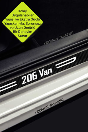 Peugeot 206 Van Kapı Koruyucu Karbon Kapı Eşiği Siyah Üzeri Beyaz Yazılı Dekoratif Set Peugeot 206 Van