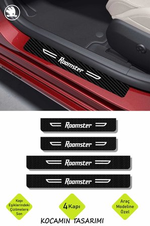 Skoda Roomster Yazılı Kapı Koruma Eşiği Siyah Karbon Üzeri Beyaz Roomster Dekoratif Yazı 4 Parça Skoda Roomster Uyumlu