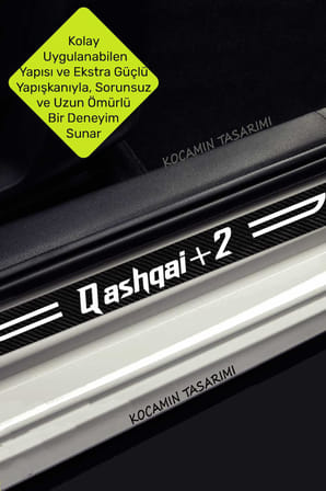 Nissan Qashqai+2 Yazılı Karbon Kapı Eşiği Siyah Beyaz Dekoratif Kapı Koruyucu 4'lü Set Nissan Qashqai+2
