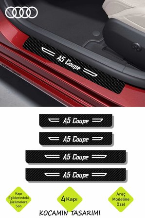A5 Coupe Yazılı Audi A5 Coupe Kapı Eşiği Koruyucu Siyah Karbon Üzeri Beyaz Yazı Dekoratif 4 Parça Audi A5 Coupe