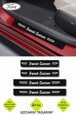 Ford Transit Custom Karbon Kapı Koruma Eşiği Yazılı Dekoratif Kaplama Siyah Üzeri Beyaz 4 Parça Ford Transit Custom