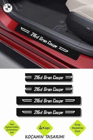 Siyah Karbon BMW 216d Gran Coupe Kapı Eşiği Dekoratif Beyaz Yazılı Kapı Koruyucu 4 Parça Set BMW 216d Gran Coupe Yazılı