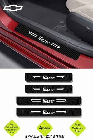 Chevrolet Blazer Yazılı Dekoratif Kapı Koruma Eşiği Siyah Karbon Beyaz Blazer Yazılı 4 Parça Set Chevrolet Blazer Uyumlu