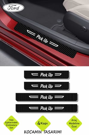 Ford Pick Up Yazılı Siyah Karbon Kapı Eşiği Dekoratif Kapı Koruma Beyaz Yazılı 4 Parça Ford Pick Up