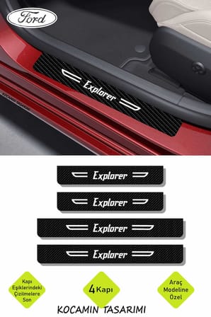 Siyah Karbon Ford Explorer Kapı Eşiği Dekoratif Beyaz Yazılı Kapı Koruyucu 4 Parça Set Ford Explorer Yazılı