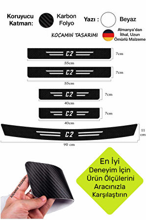 Citroen C2 Karbon Kapı Eşiği ve Bagaj Koruyucu Set Çizilmeye Dayanıklı Sticker Folyo C2 Yazılı