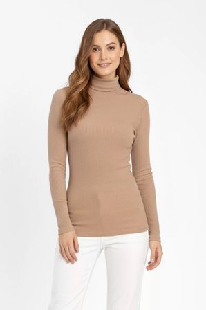 Kadın Balıkçı Yaka Uzun Kollu Fitilli Triko Kazak Slim Fit Şık Günlük Bluz