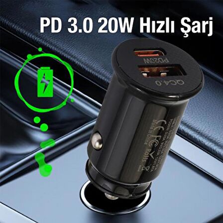  Coofbe Turbo Şarj Akım Korumalı 20W Araç Şarjı USB +Type-C Girişli QC3.0 Araç Çakmaklık Şarj Başlığı
