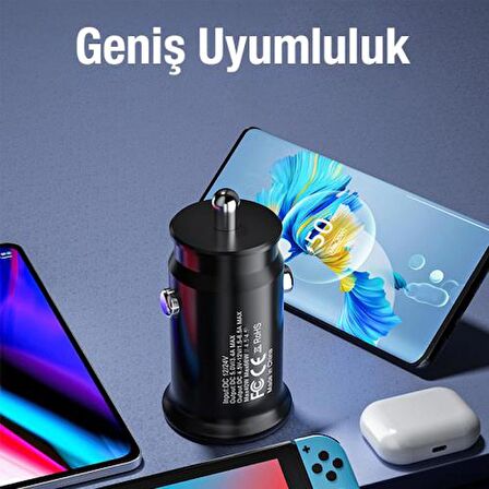  Coofbe Turbo Şarj Akım Korumalı 20W Araç Şarjı USB +Type-C Girişli QC3.0 Araç Çakmaklık Şarj Başlığı