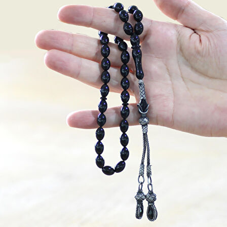 1000 Ayar Gümüş Kazaz Püsküllü Arpa Kesim Siyah Sıkma Kehribar Tesbih