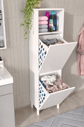 DF03111 2 Bölmeli Devrilir Çamaşır Sepetli Banyo Dolabı Çok Amaçlı Kirli Çamaşır Sepeti Dolabı