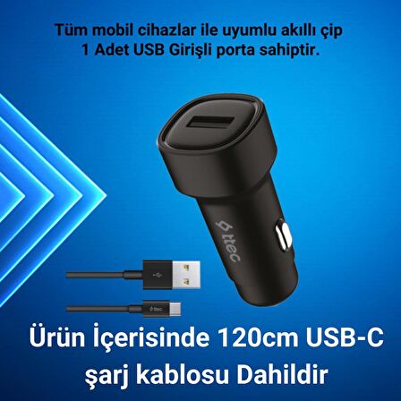 Ttec Şarj Akım Korumalı 12W USB Girişli Type-c Kablolu Araç Şarjı Araç Çakmaklık Araç Şarj Seti