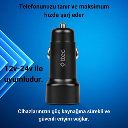 Ttec Şarj Akım Korumalı 12W USB Girişli Type-c Kablolu Araç Şarjı Araç Çakmaklık Araç Şarj Seti