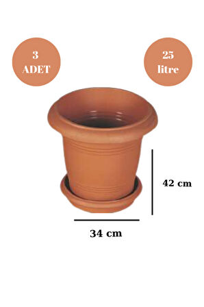 Balkon Saksı Bahçe Saksısı Büyük Boy Yuvarlak Saksı ve Altlığı 25 Litre 3 Adet 34x42