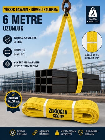 6 METRE 3 TON Çeker  SAPAN HALAT Zekioğlu Group Flat Webbing Sling Gözlü Polyester Sapan 3000Kg Taşıma Kapasiteli  6 Metre Kaldırma Sapanı 