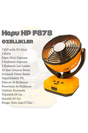 HEPU HP F878 | 7200 mAh Bataryalı Taşınabilir Fan – LED Işıklı, Kamp ve Masaüstü Uyumlu, 10 Saat Serinlik