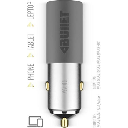 Powerway Bullet 100W Araç Çakmaklık Şarj Cihazı Type-C ve USB Çıkışlı Profesyonel Turbo Hızlı Araç Şarj