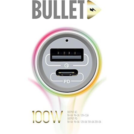 Powerway Bullet 100W Araç Çakmaklık Şarj Cihazı Type-C ve USB Çıkışlı Profesyonel Turbo Hızlı Araç Şarj