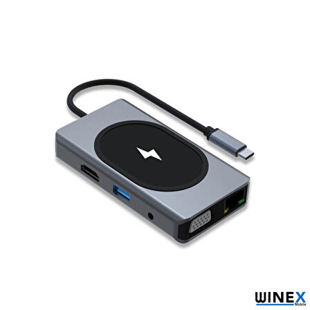 Global 9in1 USB Type-C Hub Port Adaptör 4K HDMI USB Ethernet PD Girişli 15W Kablosuz Şarj WNE0064