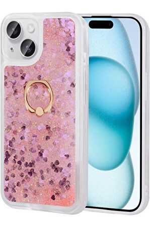 Apple iPhone 15 Kılıf Sıvılı Simli Pullu Yüzüklü Standlı Lüx Silikon