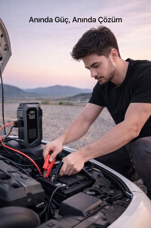 4 in 1 Şarjlı Akü Takviye Cihazı | 16.000 mAh | Akım Koruma | Güçlü Seri | Lastik Şişirme, LED Fener