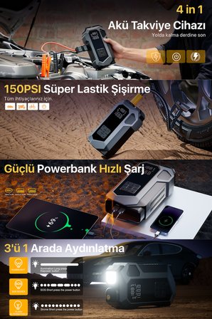 4 in 1 Şarjlı Akü Takviye Cihazı | 16.000 mAh | Akım Koruma | Güçlü Seri | Lastik Şişirme, LED Fener