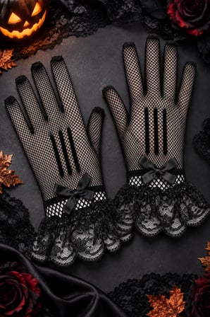 Siyah Dantelli Fiyonklu Kadın Parti Kostüm Eldiveni Kısa File Yılbaşı Halloween Cadılar Bayramı