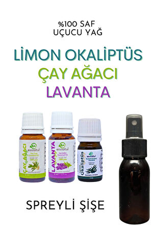 Okaliptüs Limon 5 Ml, Çay Ağacı 10 Ml, Lavanta Uçucu Yağı 10 Ml, Spreyli Şişe, E Citriodora