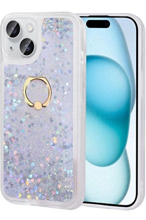 iPhone 15 Plus Kılıf Sıvılı Simli Pullu Yüzüklü Standlı Lüx Silikon