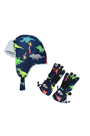Petityu Su Geçirmez Erkek Çocuk Bere Eldiven Set 3-7 Yaş Kayak Snowboard Lacivert Üstü Renkli Dino