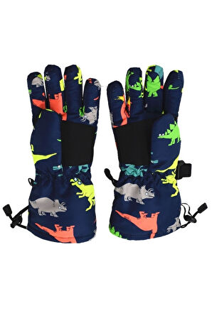 Petityu Su Geçirmez Erkek Çocuk Bere Eldiven Set 3-7 Yaş Kayak Snowboard Lacivert Üstü Renkli Dino