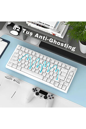AK820 Kablolu Mekanik Oyun Klavyesi , Mavi Işıklı, Beyaz, 82 Tuş, Hot Swap, Anti Ghosting