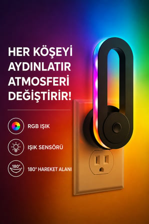 RGB Akıllı Gece Lambası, Işık Sensörlü 180° Dönebilen Dekoratif Duvar Priz Lambası, Dokunmatik Kontrollü Renkli Ortam Aydınlatması, Yatak Odası Koridor Çocuk Odası İçin Gece Işığı